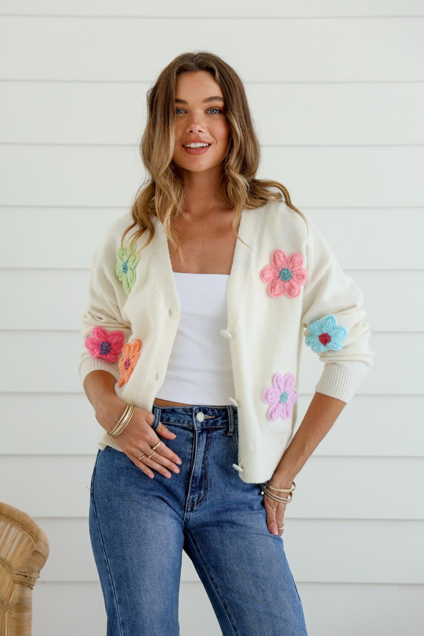 St Lucia Boutique Poppy knit cardigan - ivory/multi - Shop women's Knitwear at St Lucia Boutique