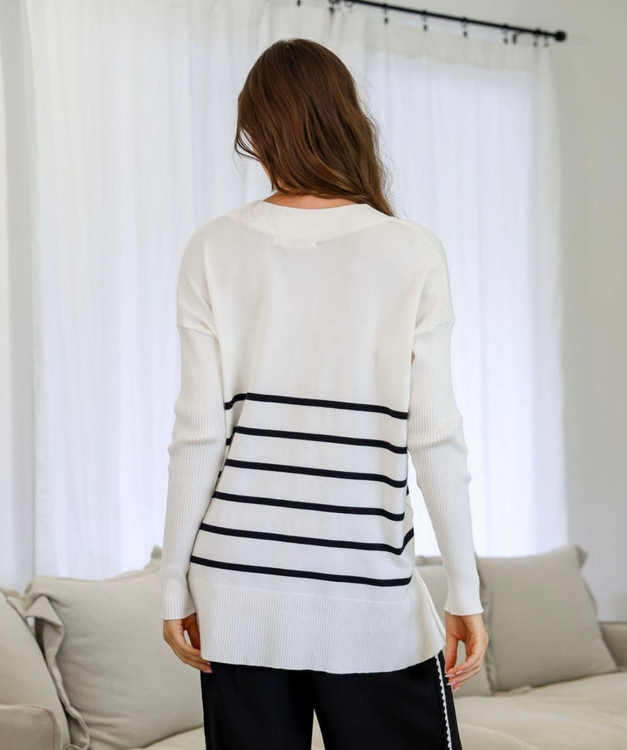 St Lucia Boutique Arlo v-neck stripe sweater - white/black - Shop women's Tops at St Lucia Boutique