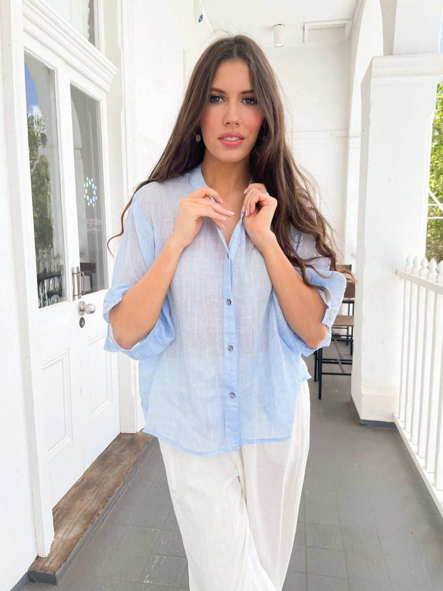 St Lucia Boutique Elijah Linen blouse - Sky blue - Shop women's Tops at St Lucia Boutique