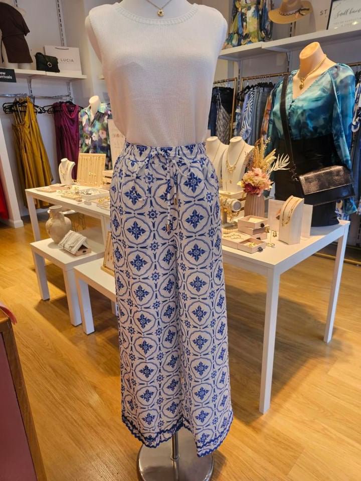 St Lucia Boutique Santorini Pants - Printed blue and white - Shop women's Pants at St Lucia Boutique