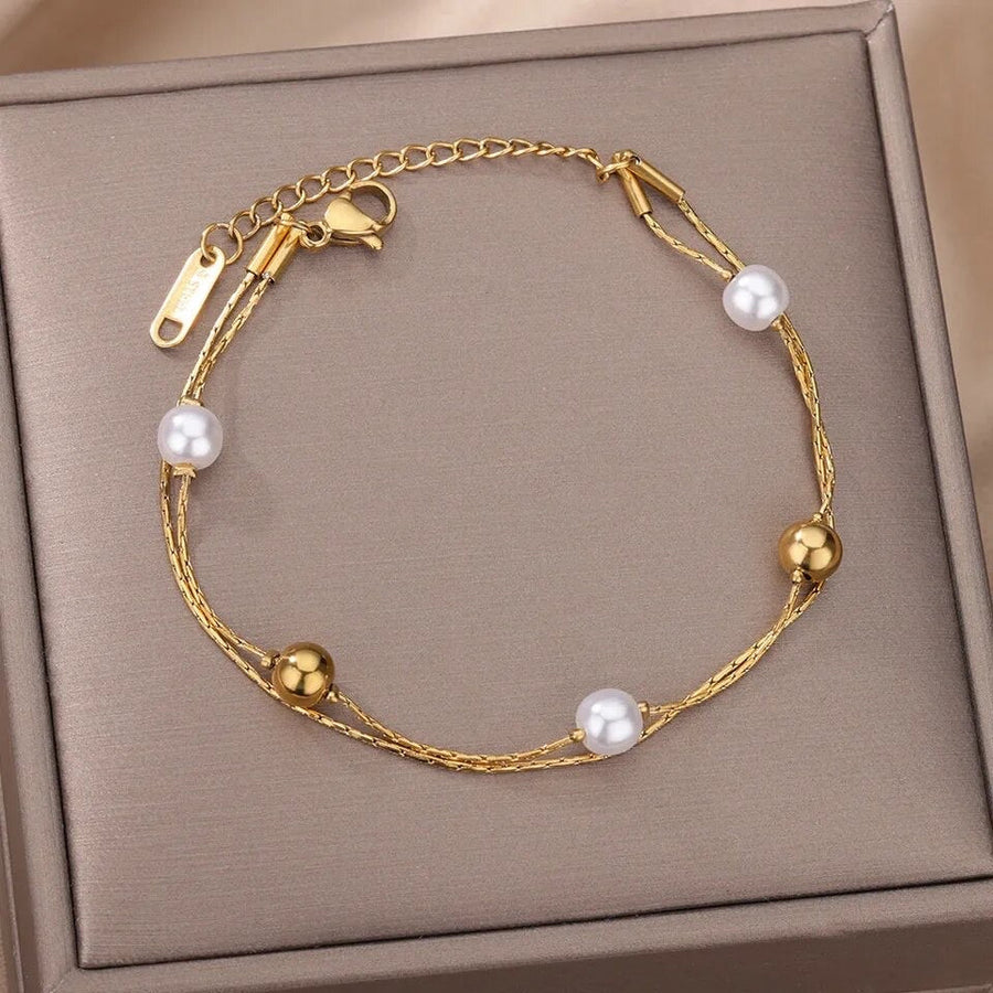 St Lucia Boutique Double chain freshwater pearl and gold plated bracelet - Shop women's at St Lucia Boutique