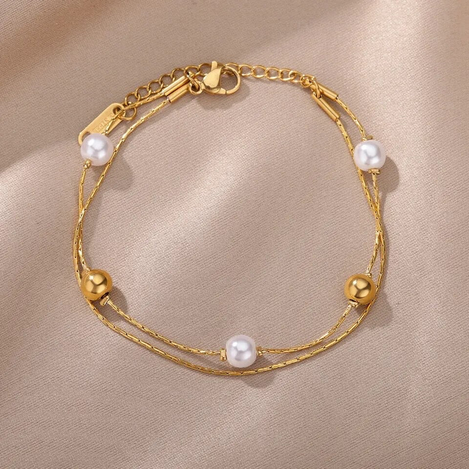 St Lucia Boutique Double chain freshwater pearl and gold plated bracelet - Shop women's at St Lucia Boutique