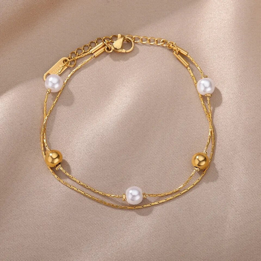 St Lucia Boutique Double chain freshwater pearl and gold plated bracelet - Shop women's at St Lucia Boutique