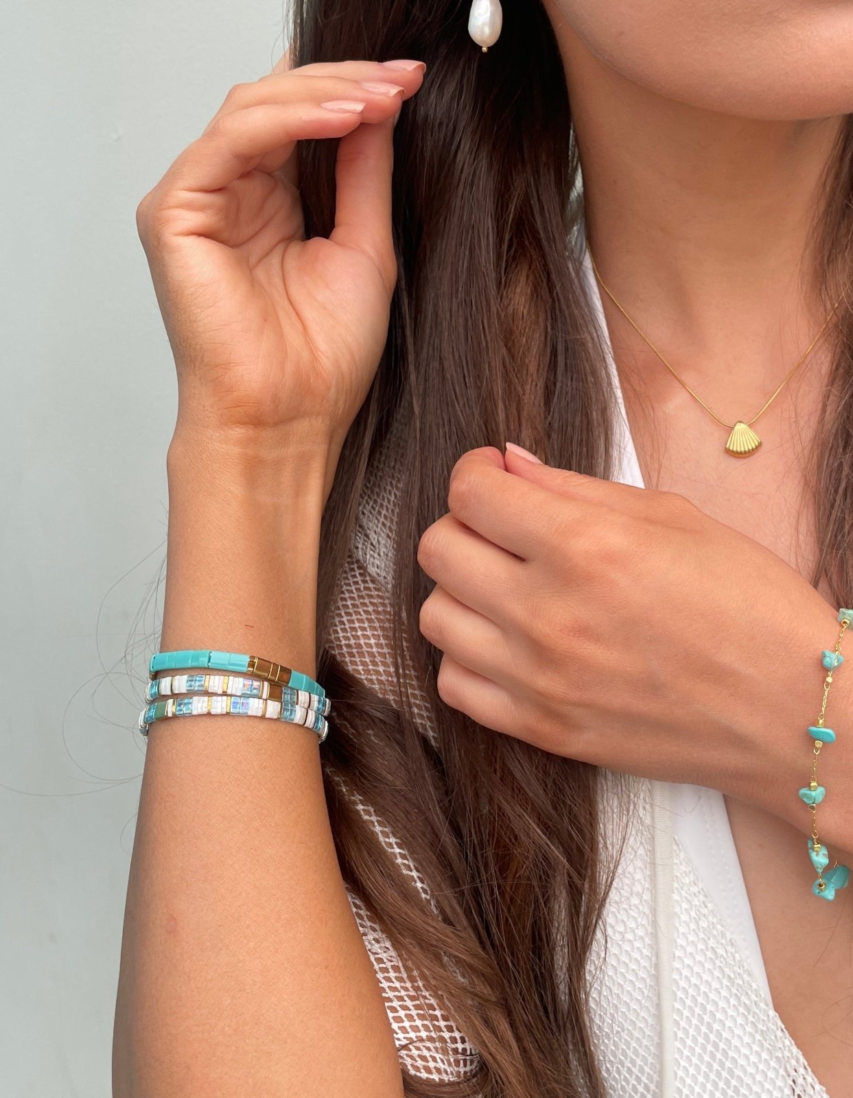 St Lucia Boutique Helios glass tile bracelet - aqua/pearl - Shop women's at St Lucia Boutique