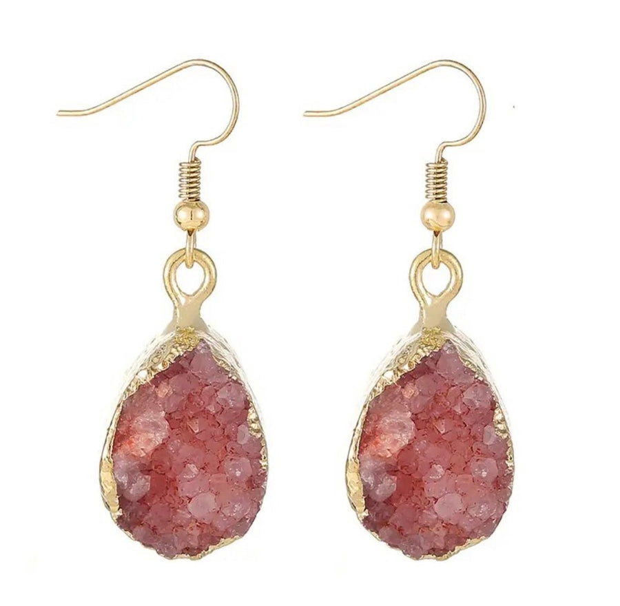 St Lucia Boutique Natural quartz pink stone gold drop earring - Shop women's earrings at St Lucia Boutique