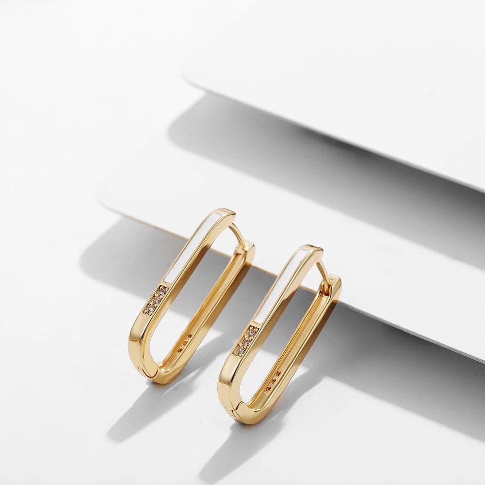 St Lucia Boutique Rectangle earring 18k gold plated with white stripe - Shop women's earrings at St Lucia Boutique